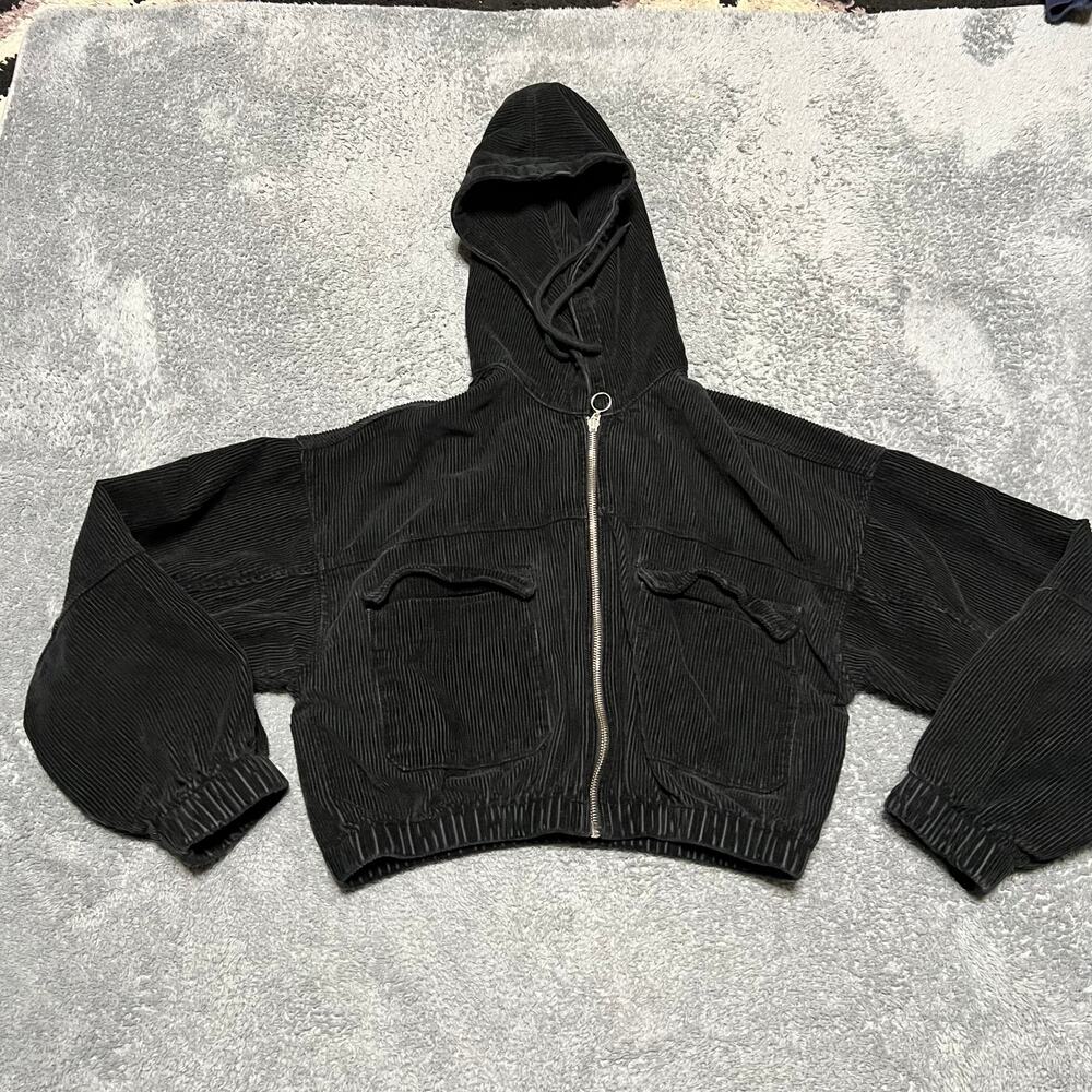 BDG Urban Outfitters Jacket Womens Small Black Corduroy Cropped Hooded Coat